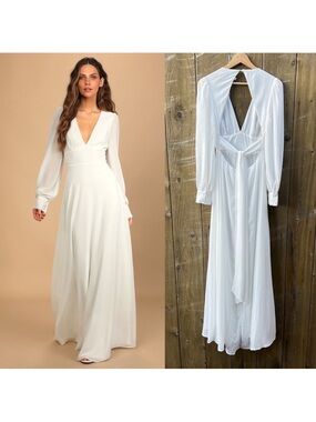 White Long Sleeve Backless Chiffon Maxi Dress 🌿